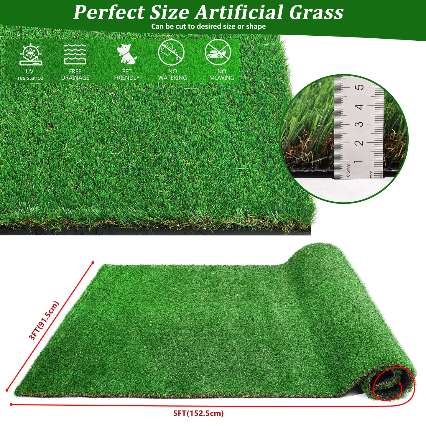 3FTX5FT Outdoor Artificial Grass Runway Blanket, Thick and Realistic Fake Grass Roll Decoration 1.38 "Pile Height